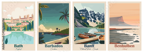 Banff National Park, Canada, Barbados, Caribbean, Bath, England, Benbulben, Ireland - Set of 4 Vintage Travel Posters. Vector illustration. Art, High Quality Prints