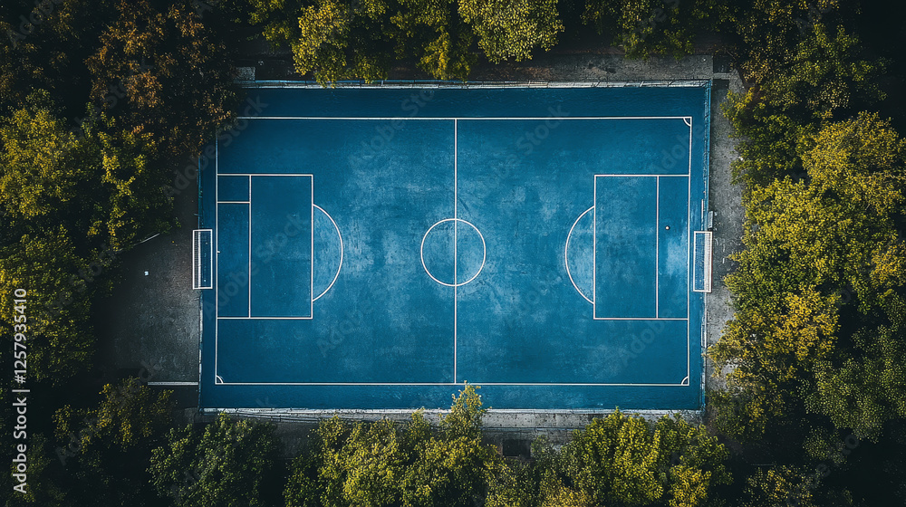 Obraz premium Aerial view of an outdoor futsal field with a blue surface, a white centerline, and a drone perspective from above