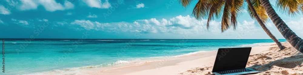 laptop on tropical beach background. Selective focus laptop on tropical beach background. Selective focus