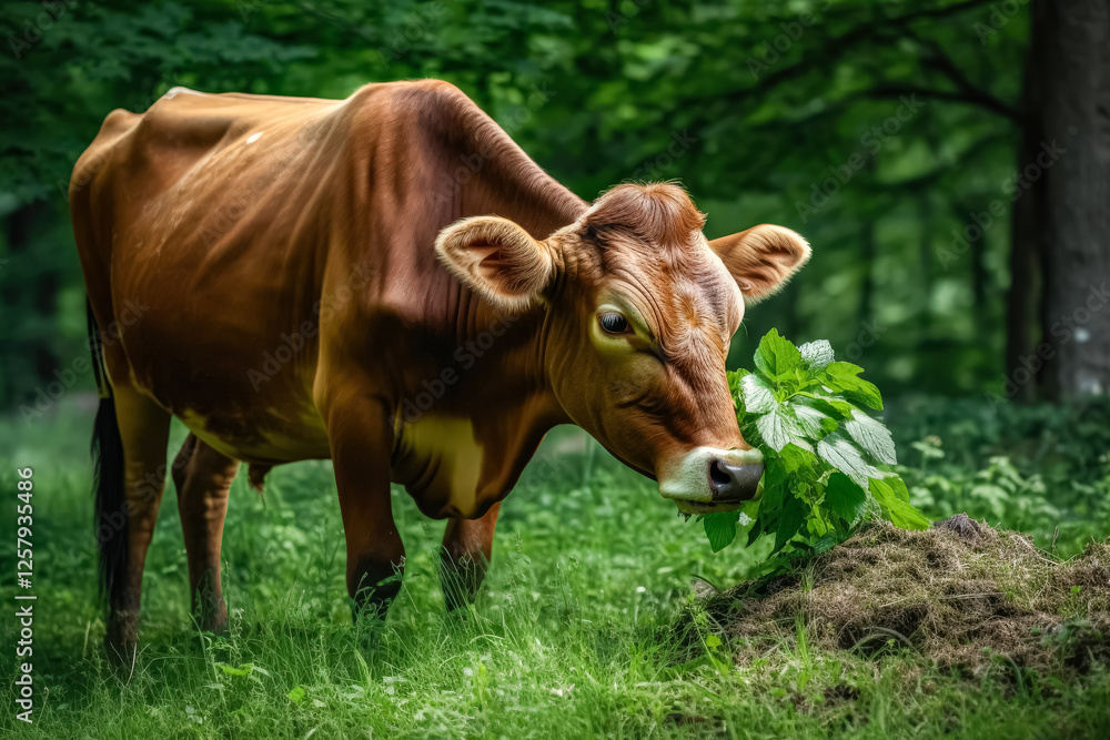 Cow is grazing in a lush green field. The cow is skinny and he is in a peaceful environment Cow is grazing in a lush green field. The cow is skinny and he is in a peaceful environment