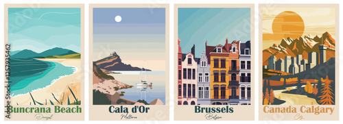 Canada Calgary city, Cala d'Or, Mallorca, Buncrana Beach, Donegal, Brussels, Belgium - Set of 4 Vintage Travel Posters. Vector illustration. Art, High Quality Prints