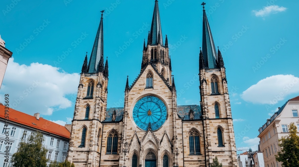 Full exterior shot of a large stone church building with tall spires and a circular stained glass window in the facade against a clear blue sky with Full exterior shot of a large stone church building with tall spires and a circular stained glass window in the facade against a clear blue sky with