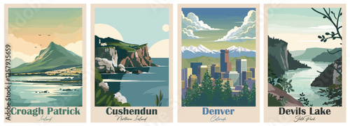 Croagh Patrick, Ireland, Cushendun, Northern Ireland, Denver, Colorado, Devils Lake, State Park - Set of 4 Vintage Travel Posters. Vector illustration. Art, High Quality Prints