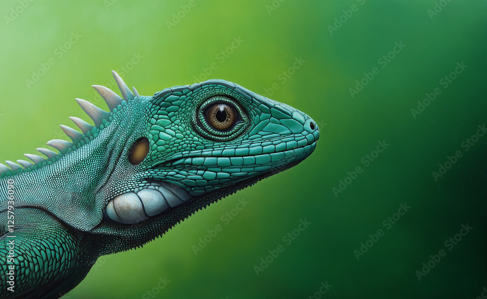 Green Iguana Close-Up: A detailed close-up of a green iguana with textured scales and sharp eyes against a soft green blurred background. Green Iguana Close-Up: A detailed close-up of a green iguana with textured scales and sharp eyes against a soft green blurred background.