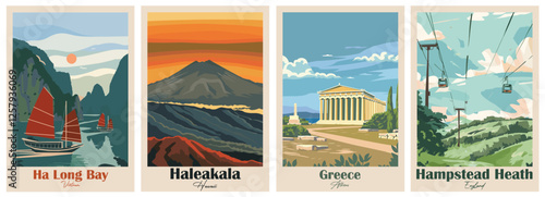 Hampstead Heath, England, Haleakala, Hawaii, Ha Long Bay, Vietnam, Greece, Athens - Set of 4 Vintage Travel Posters. Vector illustration. Art, High Quality Prints