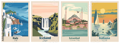 Iceland, Skogafoss, Italy Sicily, Istanbul Decoration Turkey, Indiana, USA - Set of 4 Vintage Travel Posters. Vector illustration. Art, High Quality Prints