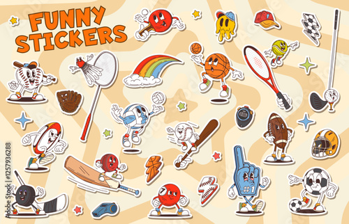 Cartoon groovy sport characters stickers pack with game player equipment and retro hippie symbols. Funny balls, rackets and bats, hippy rainbow, groovy smile and stars. Funny sport helmet and cap