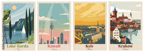 Krakow, Poland, Kuwait, Cityscape, Kyiv Ukraine, Lake Garda, Italy - Set of 4 Vintage Travel Posters. Vector illustration. Art, High Quality Prints