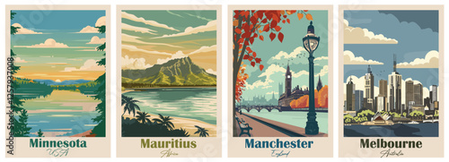 Set of 4 Vintage Travel Posters – Manchester, Mauritius, Minnesota, Melbourne