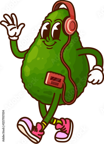 Cartoon groovy avocado character wearing headphones and listening to music from a retro cassette player. Vector cheerful avocado personage is walking in pink sneakers, waving with friendly expression