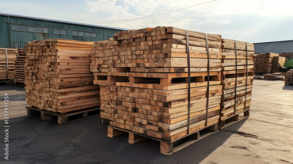 Two pallets of stacked lumber outdoors.