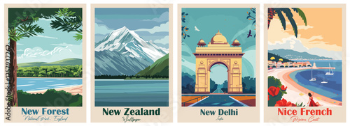 Set of 4 Vintage Travel Posters – New Delhi, New Forest, New Zealand, Nice