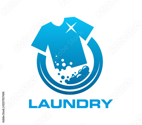 Laundry room icon, wash service symbol. Laundromat service business symbol vector badge, clothing cleaning and washing vending machine or laundry room blue emblem with t-shirt and detergent bubbles