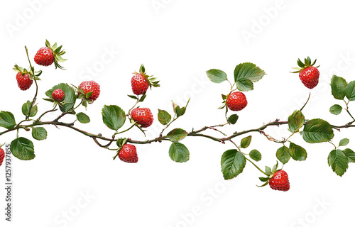 Fresh Strawberries with Green Leaves on a Branch Isolated Image transparent background