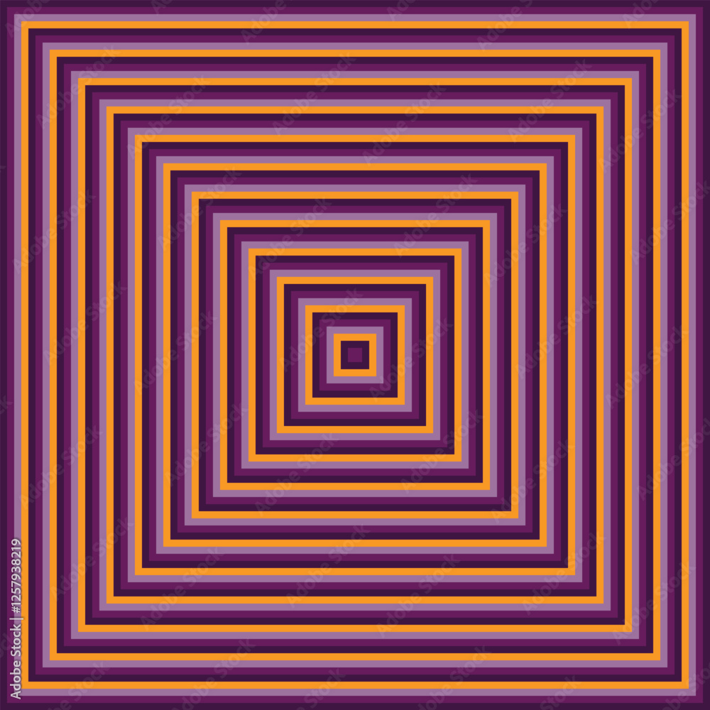 Visual effect created by shades of purple and orange squares getting progressively smaller Visual effect created by shades of purple and orange squares getting progressively smaller