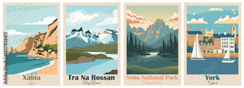 Set of 4 Vintage Travel Posters – Torres del Paine, York, Yoho National Park, Xàbia