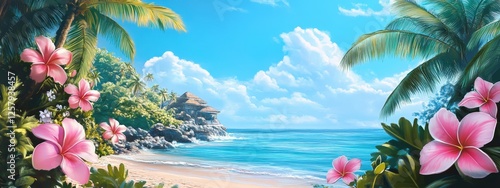 Tropical flowers on the ocean background. Selective focus