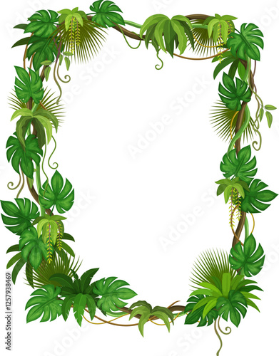 Tropical jungle frame of rainforest liana branches and leaves, vector background. Liana vine or ivy leaf frame of tropical creeping jungle tree, bindweed plant curly tendrils with monstera leaves