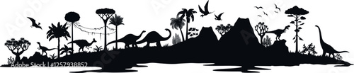 Jurassic era landscape with prehistoric dinosaur silhouettes, extinct dino reptiles and birds. Vector melanorosaurus, titanosauria and apatosaurus, amurosaurus, tapejara and monolophosaurus dinosaurs