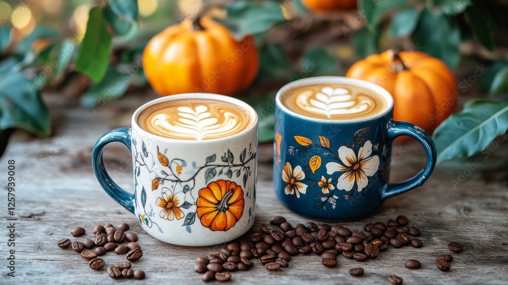 Fototapeta premium Two beautifully decorated mugs with autumn-inspired lattes, surrounded by pumpkin accents and coffee beans on a rustic table.