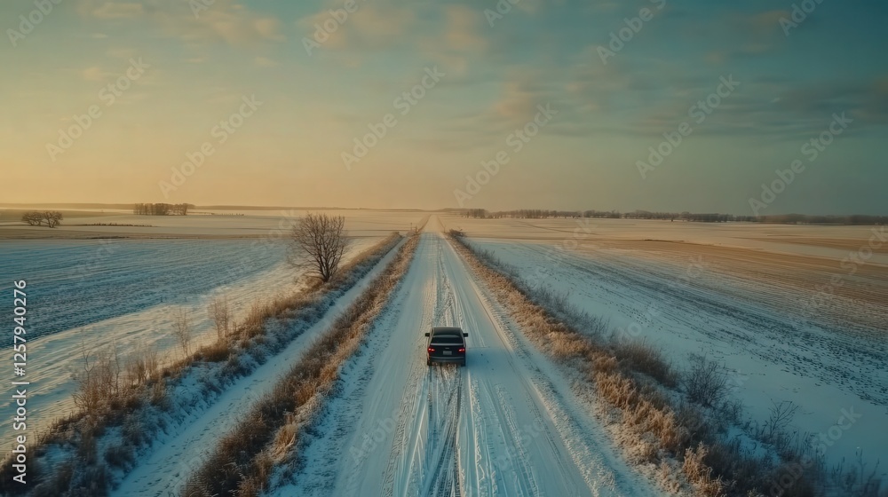 aerial shot of a car leaving tracks on a narrow snowy road, surrounded by snow-covered farmland stretching as far as the eye can see aerial shot of a car leaving tracks on a narrow snowy road, surrounded by snow-covered farmland stretching as far as the eye can see