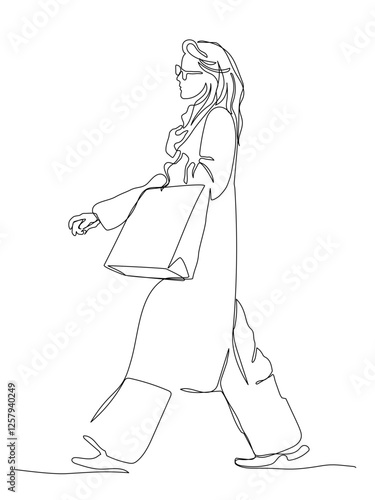 Woman in coat with shopping bag walking. Winter sale. Side view. Continuous line drawing. Black and white vector in line art style.