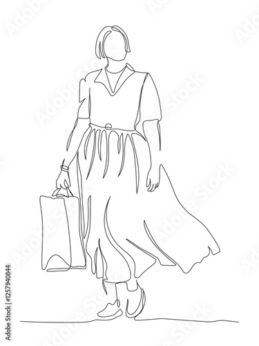 Woman in dress with shopping bag walking. Front view. Continuous line drawing. Black and white vector in line art style.
