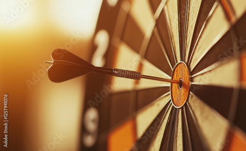 A close-up of a dart perfectly hitting the bullseye on an illuminated dartboard, symbolizing precision and success. photo