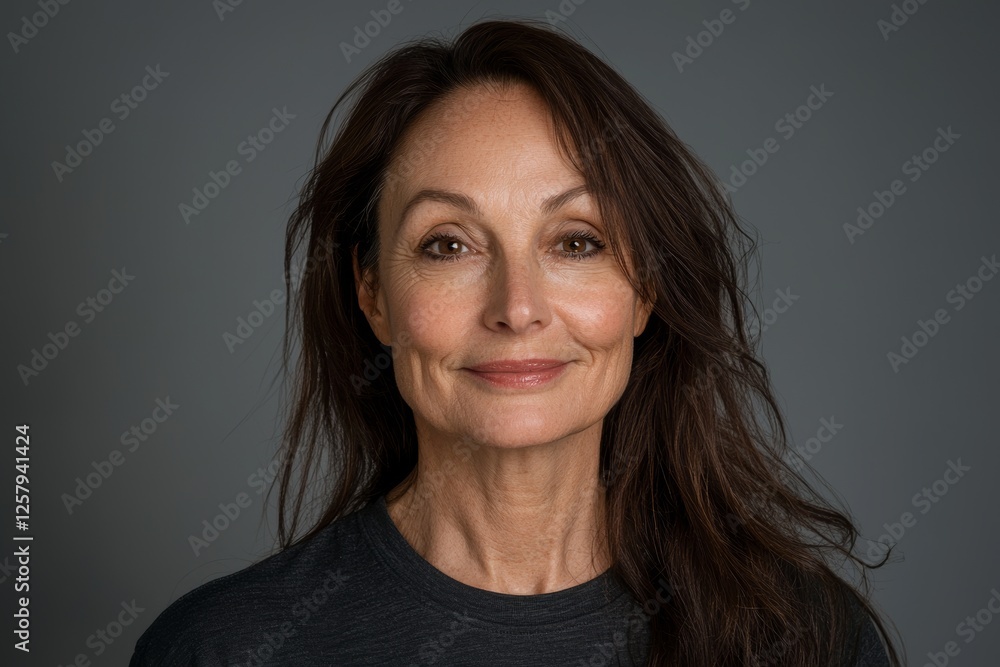 Image of a smiling woman with cascading long hair positioned on a grey background Image of a smiling woman with cascading long hair positioned on a grey background