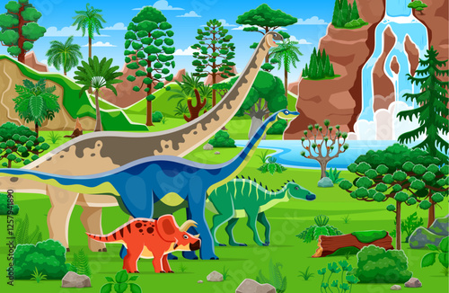 Prehistoric era landscape with dinosaurs. Jurassic era nature scene, prehistoric flora and fauna vector background with cute cartoon dinosaurs on landscape with trees, green hills and river waterfall photo