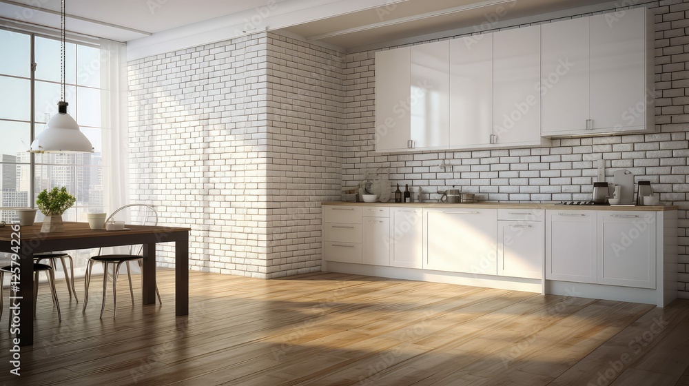 Fototapeta premium contrast white brick wall wood floor