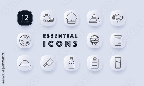 Cooking and food industry set icon. Kitchen tools, chef hat, food pyramid, fresh produce, fermentation, food storage, cutting board, dairy, recipe book, beverage