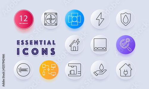 Electrical set icon. Fan, studio light, lightning, protection, power supply, electricity, ventilation, automation, energy efficiency, home automation, smart devices, water