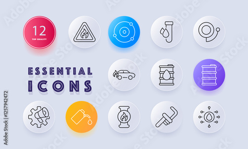 Oil and fuel set icon. Fire hazard, atomic structure, oil drop, fuel station, refinery, oil storage, petroleum, gas lamp, oil barrel, pipeline, resource management, energy distribution