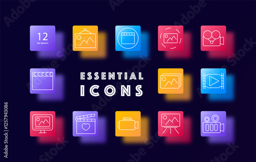 Visual media set icon. Film, photography, image processing, animation, cinematography, content creation, digital design, video effects, media development, visual storytelling