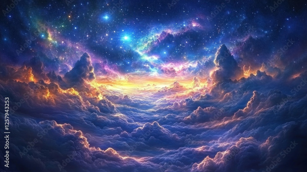 Fototapeta premium Colorful nebula above cloudscape, fantasy art, cosmic dreamscape, wallpaper