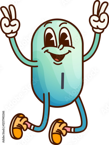 Cartoon groovy iodine vitamin and micronutrient character. Isolated vector I molecule jumping with playful and upbeat vibes. Teal colored energetic nutrient pill making peace signs with both hands