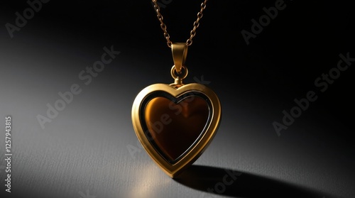 With striking contrasts and deep shadows, a golden heart-shaped locket pendant with a concealed compartment is displayed with contrasting chiaroscuro lighting, highlighting its polished, graceful qual photo