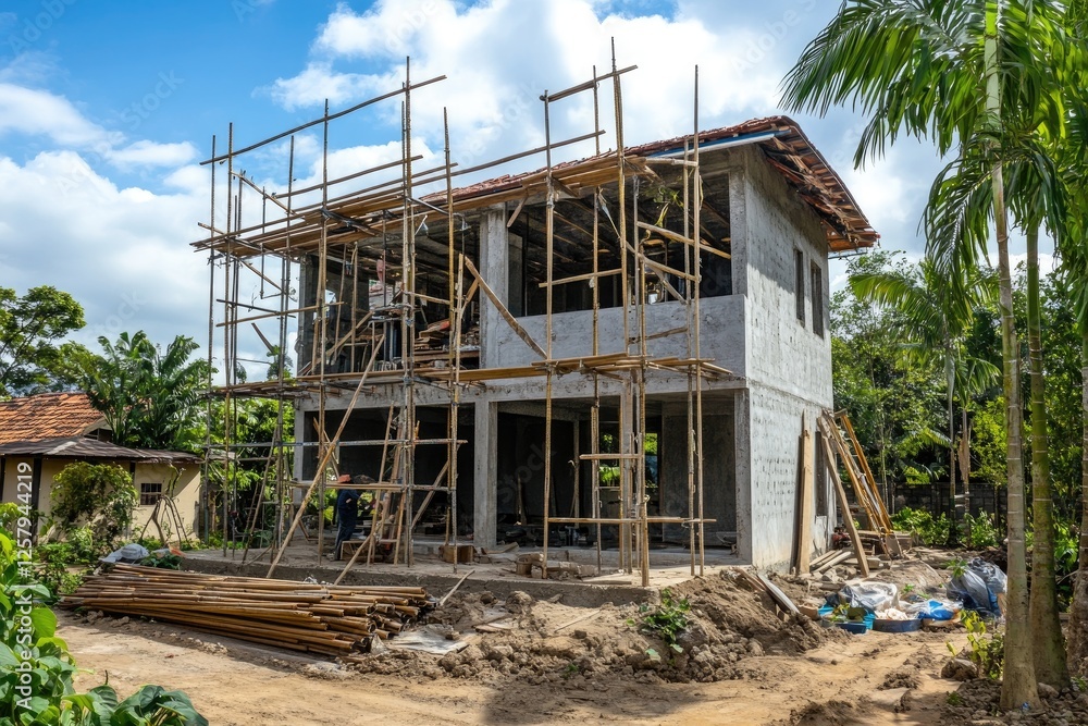 A house under construction, showing the use of scaffolding and manual labor to build it from concrete bricks. A house under construction, showing the use of scaffolding and manual labor to build it from concrete bricks.