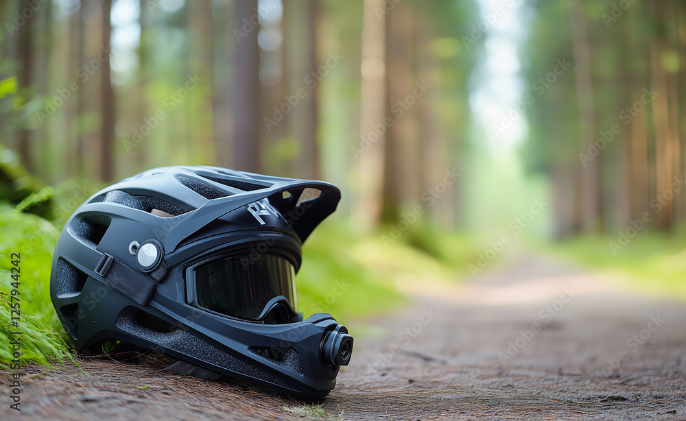 Fototapeta premium A black mountain biking helmet with a mounted action camera resting on moss in a sunlit forest. 