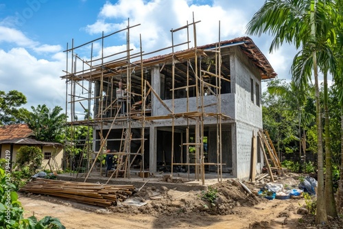 Wallpaper Mural A house under construction, showing the use of scaffolding and manual labor to build it from concrete bricks. Torontodigital.ca