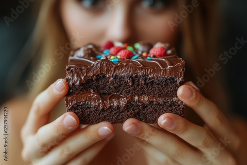 eat less sugar for health, women avoid to eat chocolate cake and sweets during sugar diet session for lose weight