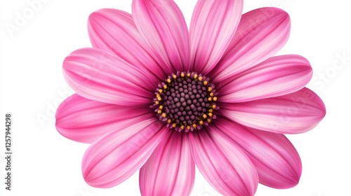 Close up of a single vibrant pink flower, isolated on a white background. The flower is a daisy type with detailed pink petals radiating outwards