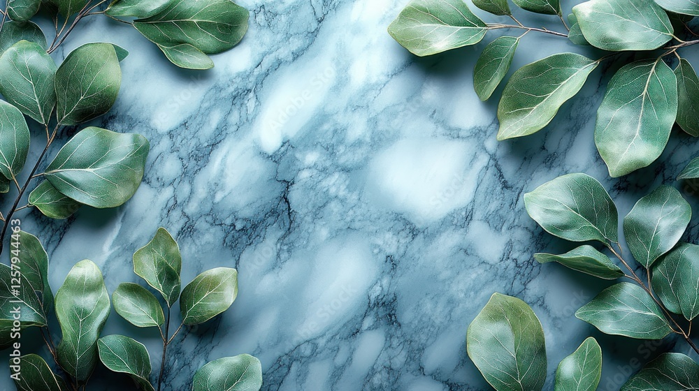 Obraz premium Green leaves frame marble background