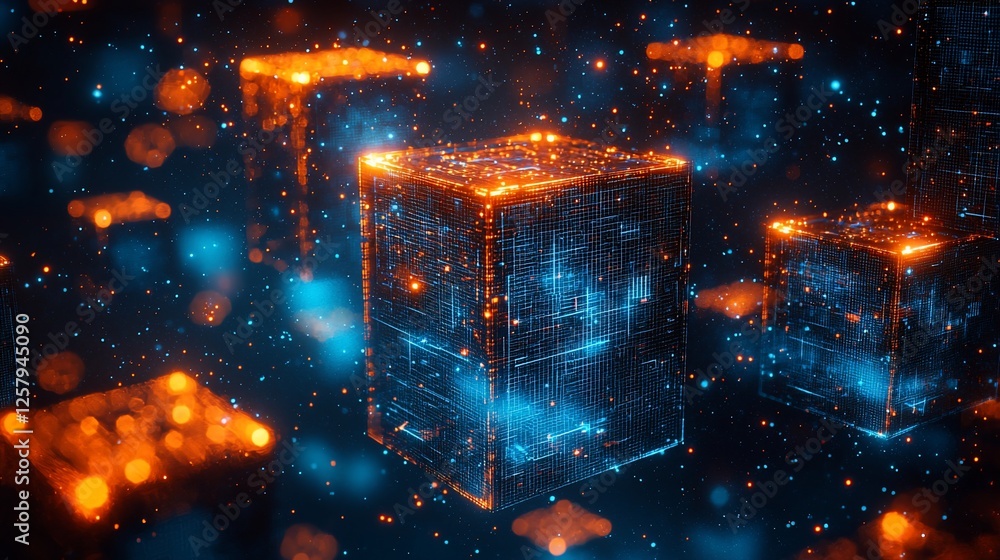 Glowing data cubes in digital space; futuristic background; technology concept Glowing data cubes in digital space; futuristic background; technology concept