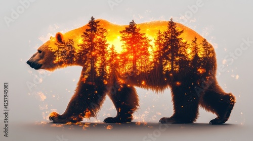 Grizzly bear sunset forest silhouette art