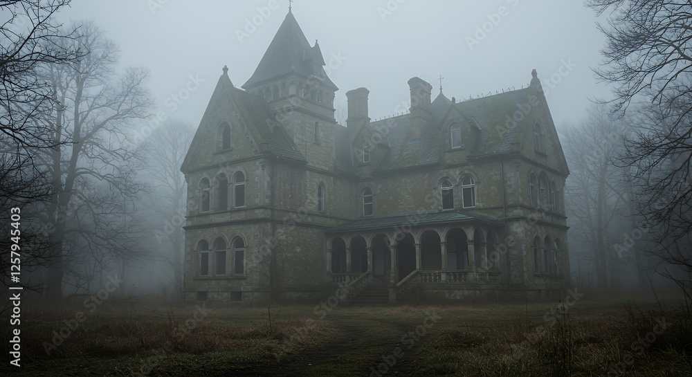Eerie Old Mansion in Fog Mysterious Architectural Landmark Exploration Eerie Old Mansion in Fog Mysterious Architectural Landmark Exploration