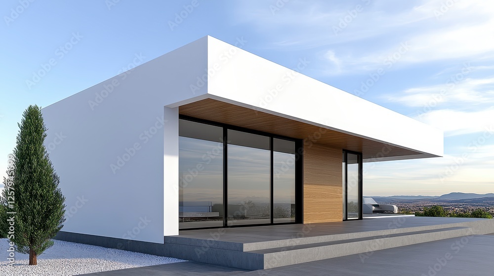 Modern minimalist house exterior, bright white walls, light brown wooden accents, large glass doors, and a small evergreen tree in the foreground Modern minimalist house exterior, bright white walls, light brown wooden accents, large glass doors, and a small evergreen tree in the foreground