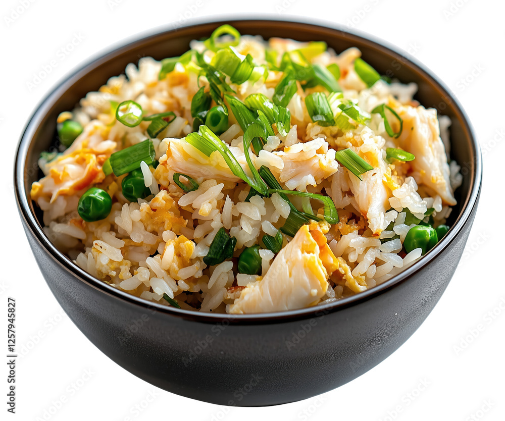 Delicious Bowl of Fragrant Rice with Fresh Green Onions and Chicken, isolated on transparent background. Delicious Bowl of Fragrant Rice with Fresh Green Onions and Chicken, isolated on transparent background.