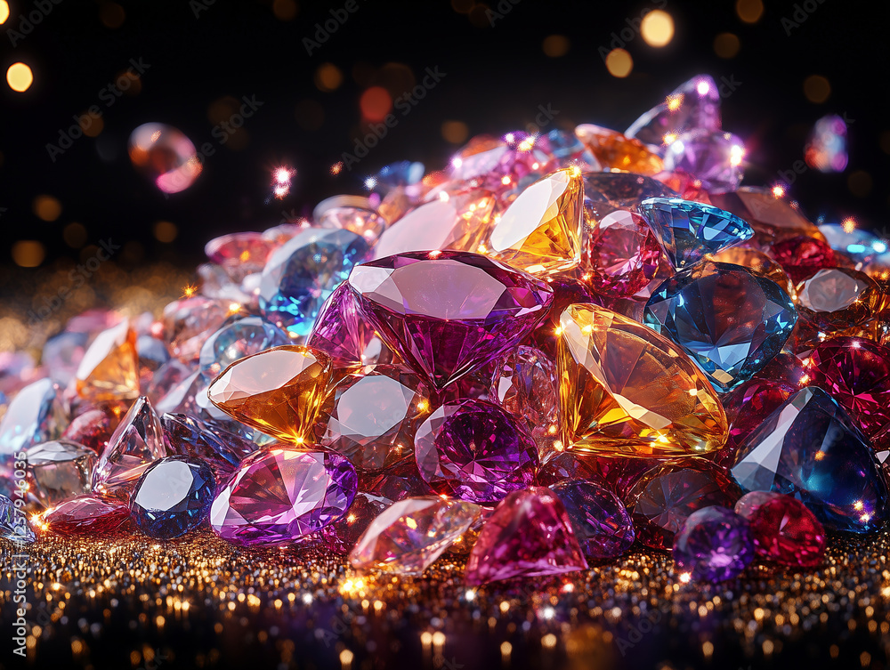 A stunning array of brilliantly cut diamonds and other gems, scattered in motion, against a black backdrop. Saturated, shiny and expensive jewelry. Macro shot . Generative Ai A stunning array of brilliantly cut diamonds and other gems, scattered in motion, against a black backdrop. Saturated, shiny and expensive jewelry. Macro shot . Generative Ai